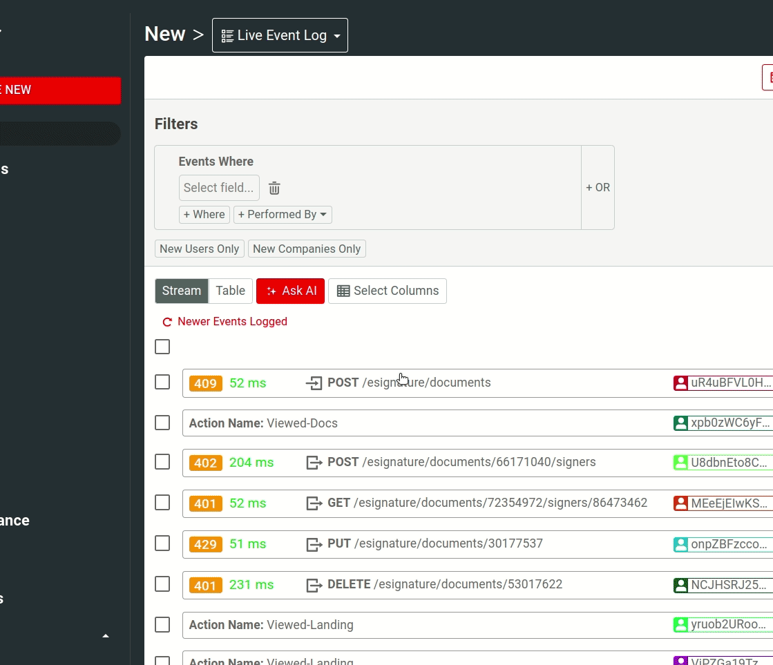 The following animation shows how to use AI Explain to gain insights into event analytics data. The animation starts from a demo Live Event log chart. It selects the first four events and then selects the Ask AI button. The Ask AI dialog appears. The dialog shows the selected events as 'Target Events'. The animation then selects the built-in prompt 'What is interesting here' to ask the AI some interesting facts about the selected events. After some time, the response appears to the question. The animation ends